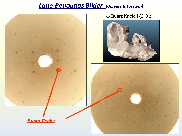 Laue-Beugungs Bilder (Universität Siegen) a-Quarz Kristall (Si. O 2) Bragg Peaks Laue-Beugungs Bilder (Universität Siegen) a-Quarz Kristall (Si. O 2) Bragg Peaks
