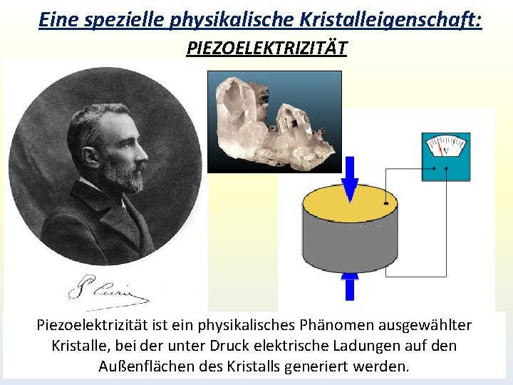 Eine spezielle physikalische Kristalleigenschaft: PIEZOELEKTRIZITÄT Piezoelektrizität ist ein physikalisches Phänomen ausgewählter Kristalle, bei der Eine spezielle physikalische Kristalleigenschaft: PIEZOELEKTRIZITÄT Piezoelektrizität ist ein physikalisches Phänomen ausgewählter Kristalle, bei der