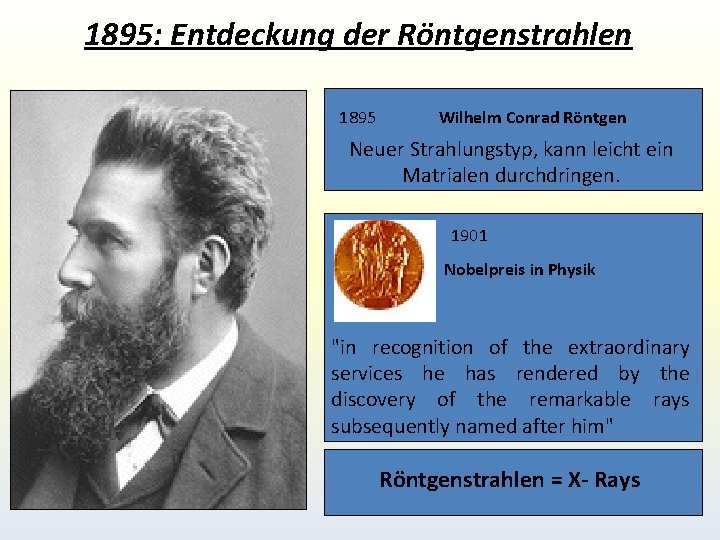 1895: Entdeckung der Röntgenstrahlen 1895 Wilhelm Conrad Röntgen Neuer Strahlungstyp, kann leicht ein Matrialen 1895: Entdeckung der Röntgenstrahlen 1895 Wilhelm Conrad Röntgen Neuer Strahlungstyp, kann leicht ein Matrialen