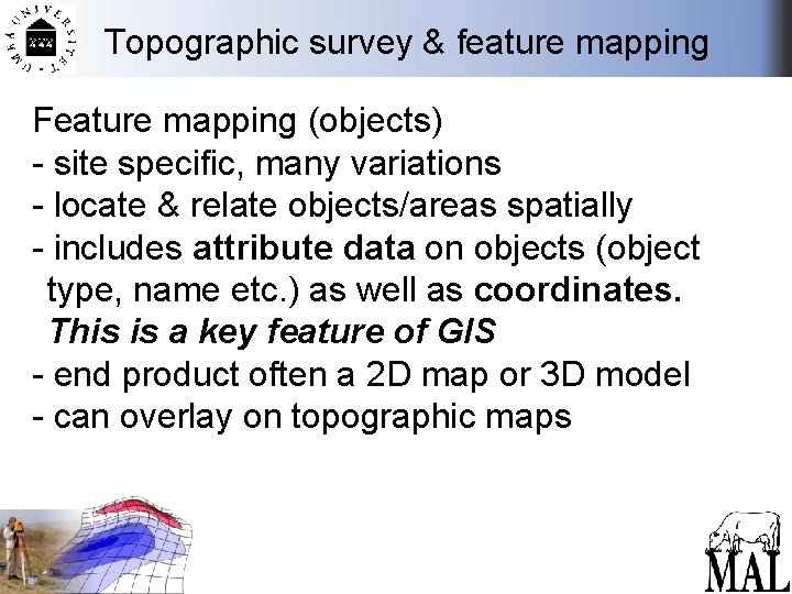 Topographic survey & feature mapping Feature mapping (objects) - site specific, many variations -