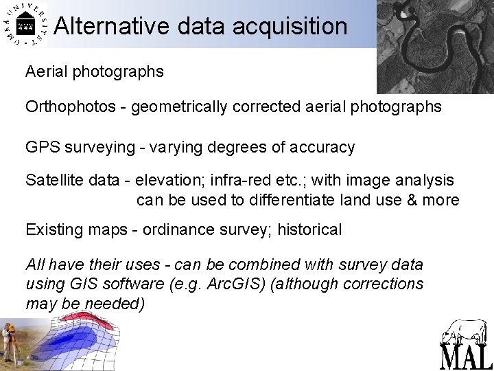 Alternative data acquisition Aerial photographs Orthophotos - geometrically corrected aerial photographs GPS surveying -