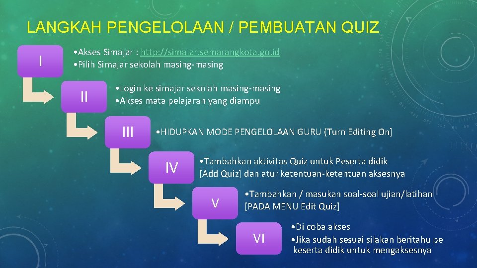 LANGKAH PENGELOLAAN / PEMBUATAN QUIZ I • Akses Simajar : http: //simajar. semarangkota. go.