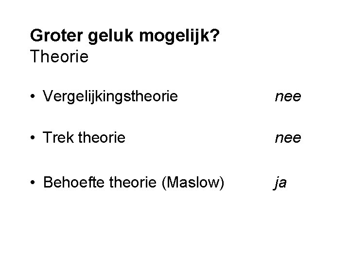 Groter geluk mogelijk? Theorie • Vergelijkingstheorie nee • Trek theorie nee • Behoefte theorie