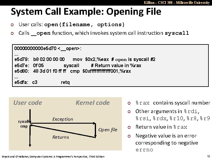 Killian – CSCI 380 – Millersville University System Call Example: Opening File ¢ ¢