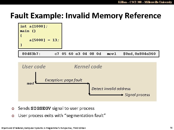 Killian – CSCI 380 – Millersville University Fault Example: Invalid Memory Reference int a[1000];
