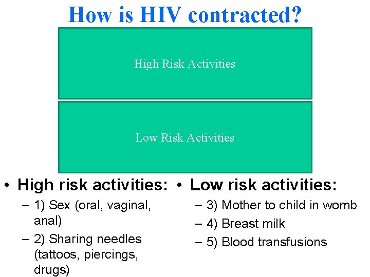 How is HIV contracted? High Risk Activities Low Risk Activities • High risk activities: