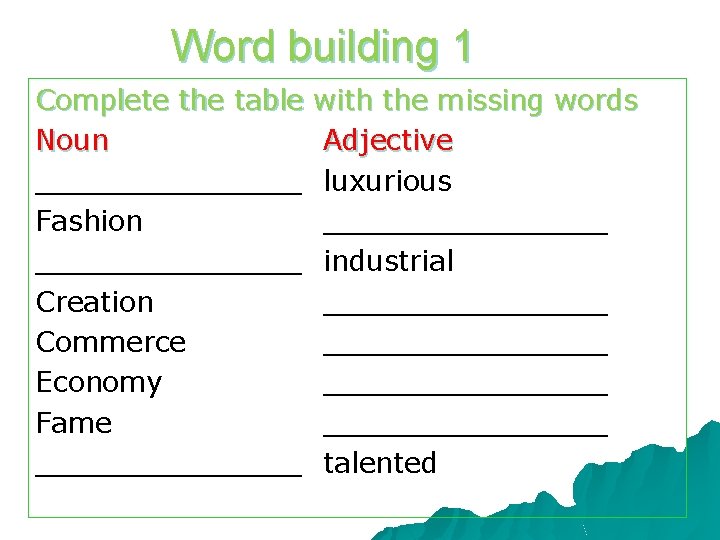 Word building 1 Complete the table with the missing words Noun Adjective ________ luxurious