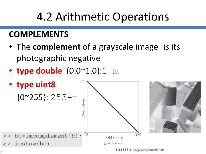 4. 2 Arithmetic Operations COMPLEMENTS • The complement of a grayscale image is its