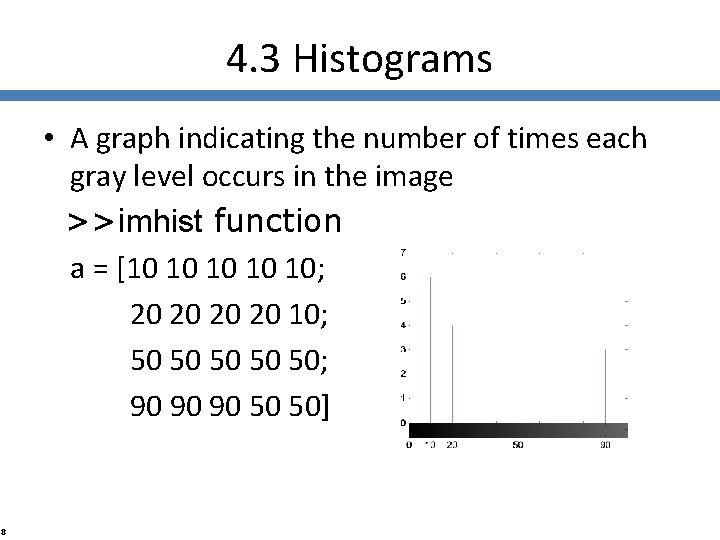 4. 3 Histograms • A graph indicating the number of times each gray level