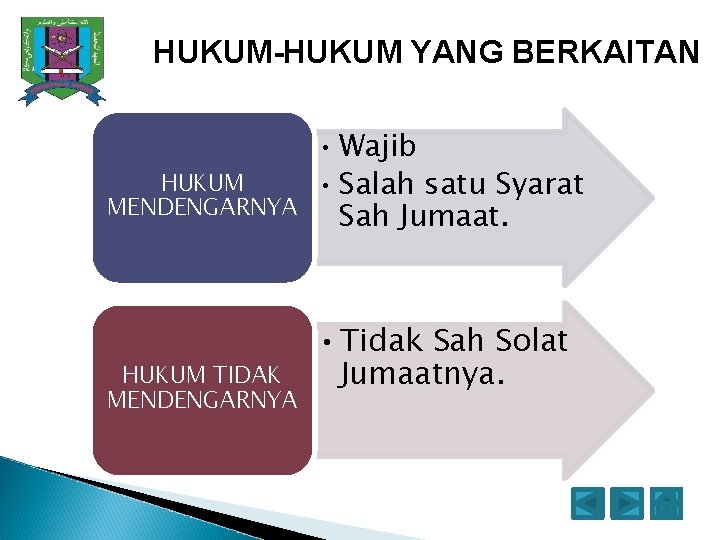 HUKUM-HUKUM YANG BERKAITAN HUKUM MENDENGARNYA HUKUM TIDAK MENDENGARNYA • Wajib • Salah satu Syarat