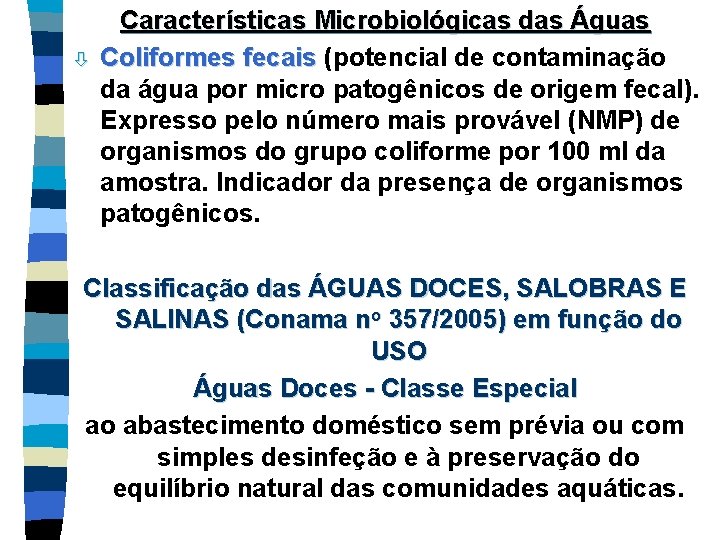 ò Características Microbiológicas das Águas Coliformes fecais (potencial de contaminação da água por micro