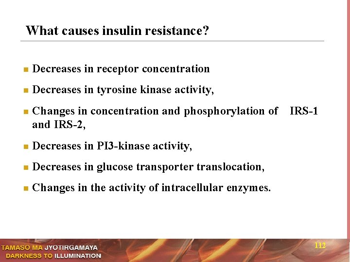 What causes insulin resistance? n Decreases in receptor concentration n Decreases in tyrosine kinase