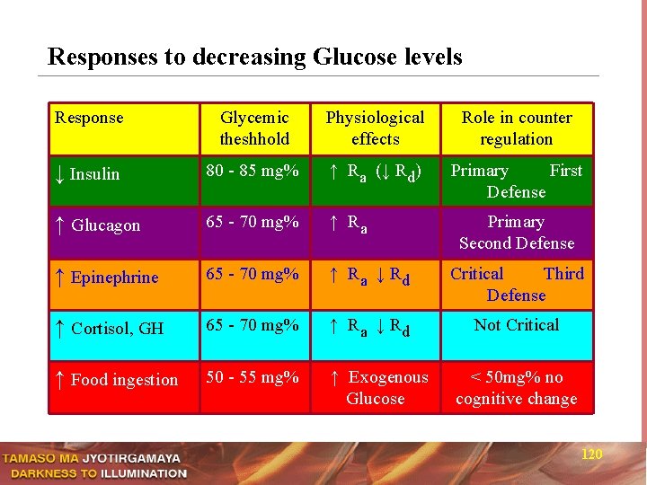 Responses to decreasing Glucose levels Response Glycemic theshhold Physiological effects Role in counter regulation