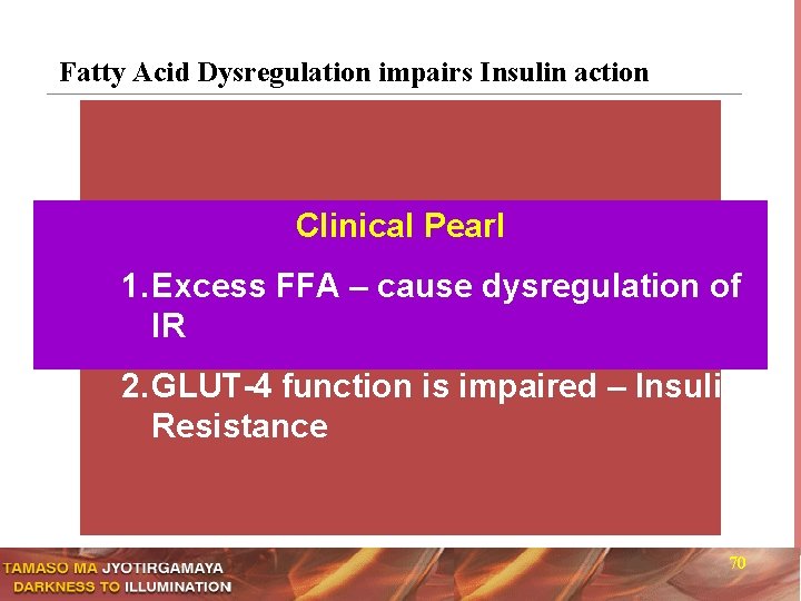 Fatty Acid Dysregulation impairs Insulin action Clinical Pearl 1. Excess FFA – cause dysregulation