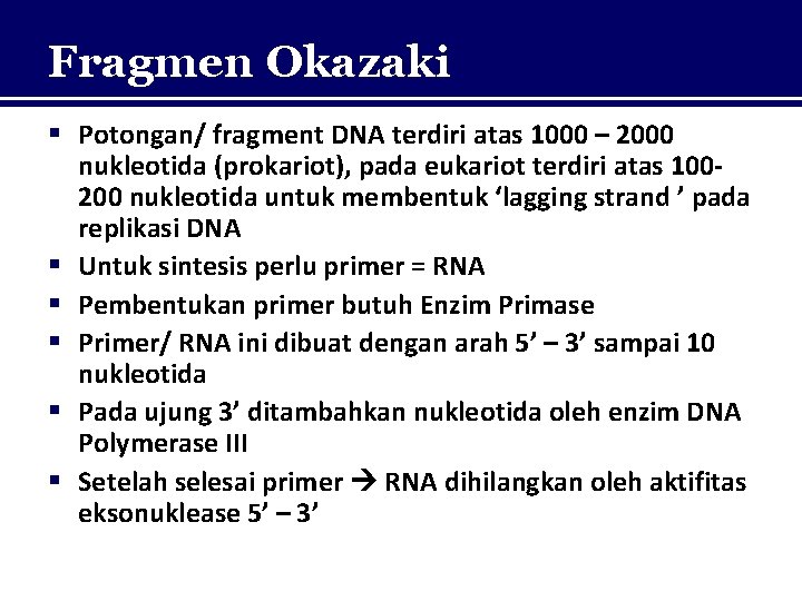 Fragmen Okazaki § Potongan/ fragment DNA terdiri atas 1000 – 2000 nukleotida (prokariot), pada