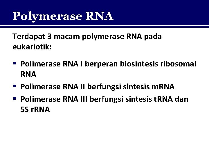 Polymerase RNA Terdapat 3 macam polymerase RNA pada eukariotik: § Polimerase RNA I berperan