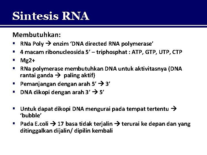 Sintesis RNA Membutuhkan: RNa Poly enzim ‘DNA directed RNA polymerase’ 4 macam ribonucleosida 5’