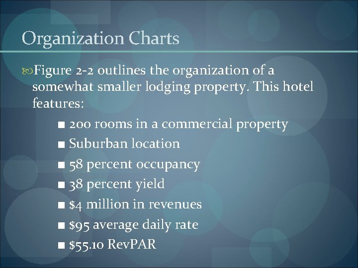 Organization Charts Figure 2 -2 outlines the organization of a somewhat smaller lodging property.