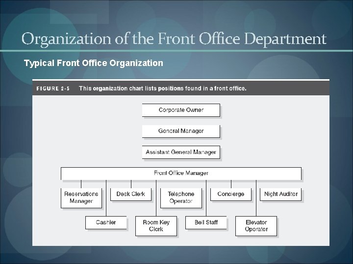 Organization of the Front Office Department Typical Front Office Organization 