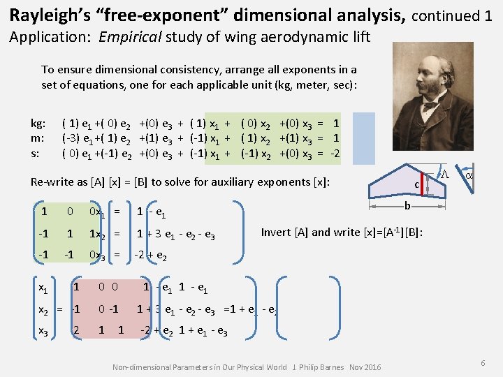 Rayleigh’s “free-exponent” dimensional analysis, continued 1 Application: Empirical study of wing aerodynamic lift To