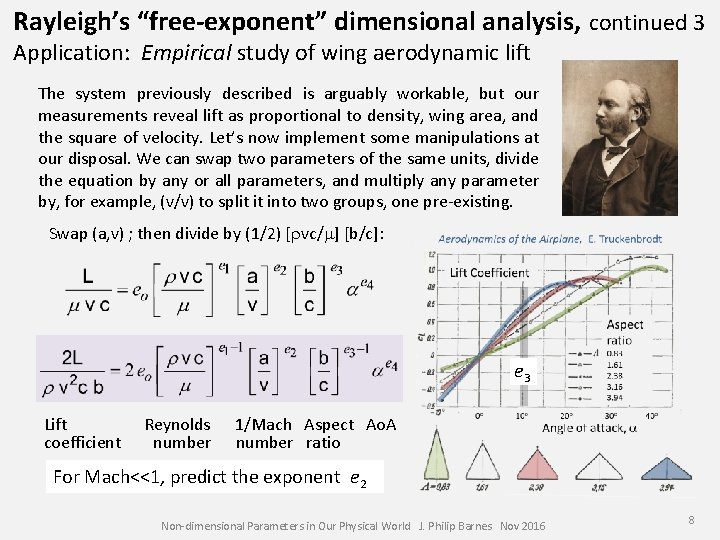 Rayleigh’s “free-exponent” dimensional analysis, continued 3 Application: Empirical study of wing aerodynamic lift The