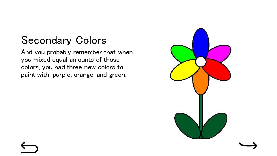 Secondary Colors And you probably remember that when you mixed equal amounts of those