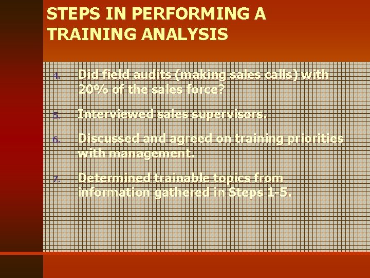 STEPS IN PERFORMING A TRAINING ANALYSIS 4. Did field audits (making sales calls) with