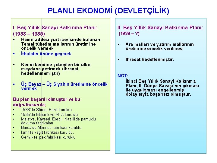 PLANLI EKONOMİ (DEVLETÇİLİK) I. Beş Yıllık Sanayi Kalkınma Planı: (1933 – 1938) § § PLANLI EKONOMİ (DEVLETÇİLİK) I. Beş Yıllık Sanayi Kalkınma Planı: (1933 – 1938) § §