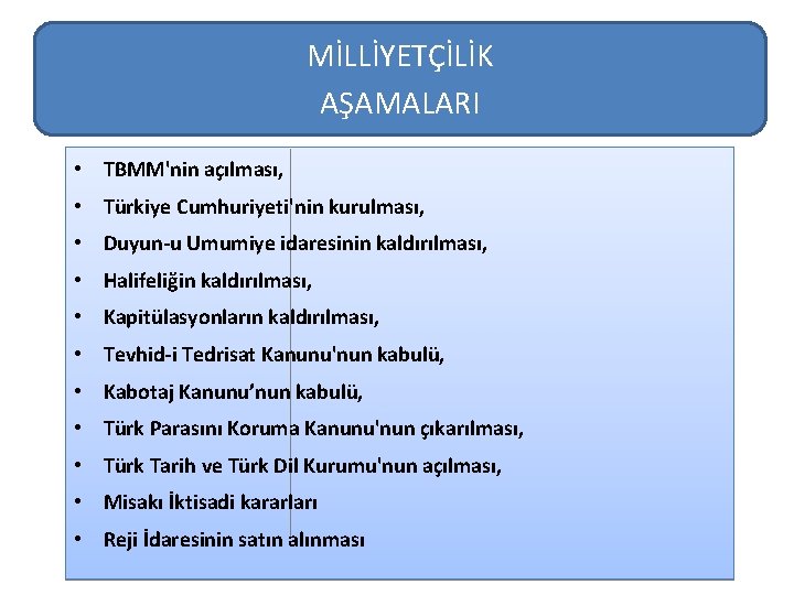 MİLLİYETÇİLİK AŞAMALARI • TBMM'nin açılması, • Türkiye Cumhuriyeti'nin kurulması, • Duyun u Umumiye idaresinin