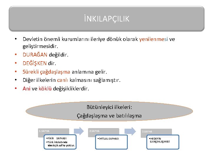 İNKILAPÇILIK • Devletin önemli kurumlarını ileriye dönük olarak yenilenmesi ve geliştirmesidir. • DURAĞAN değildir.