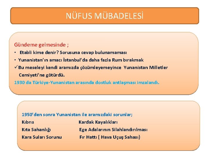 NÜFUS MÜBADELESİ Gündeme gelmesinde ; • Etabli kime denir? Sorusuna cevap bulunamaması • Yunanistan’ın