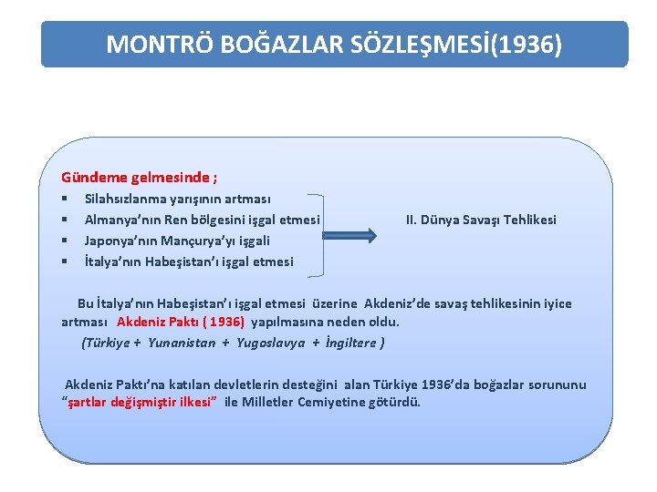 MONTRÖ BOĞAZLAR SÖZLEŞMESİ(1936) Gündeme gelmesinde ; § Silahsızlanma yarışının artması § Almanya’nın Ren bölgesini