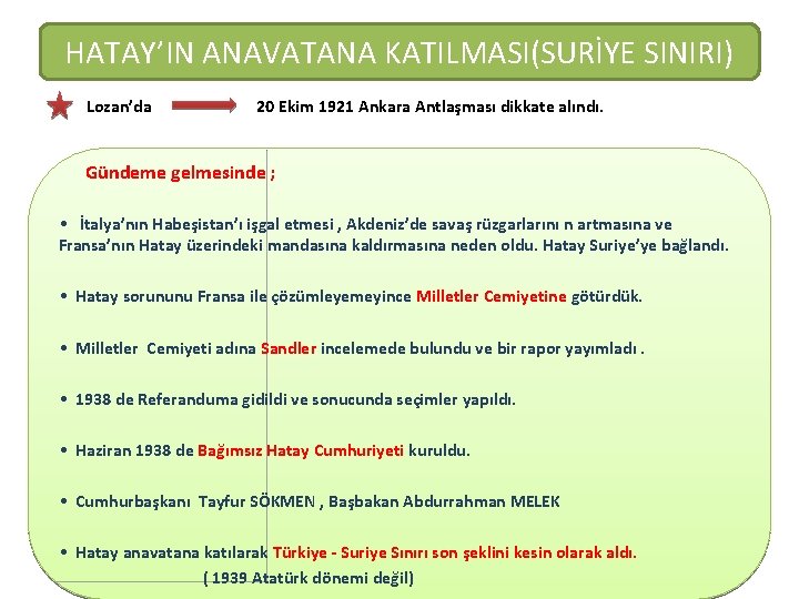 HATAY’IN ANAVATANA KATILMASI(SURİYE SINIRI) Lozan’da 20 Ekim 1921 Ankara Antlaşması dikkate alındı. Gündeme gelmesinde