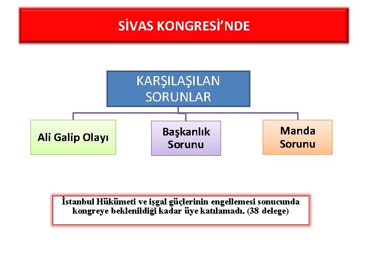 SİVAS KONGRESİ’NDE KARŞILAN SORUNLAR Ali Galip Olayı Başkanlık Sorunu Manda Sorunu İstanbul Hükümeti ve SİVAS KONGRESİ’NDE KARŞILAN SORUNLAR Ali Galip Olayı Başkanlık Sorunu Manda Sorunu İstanbul Hükümeti ve