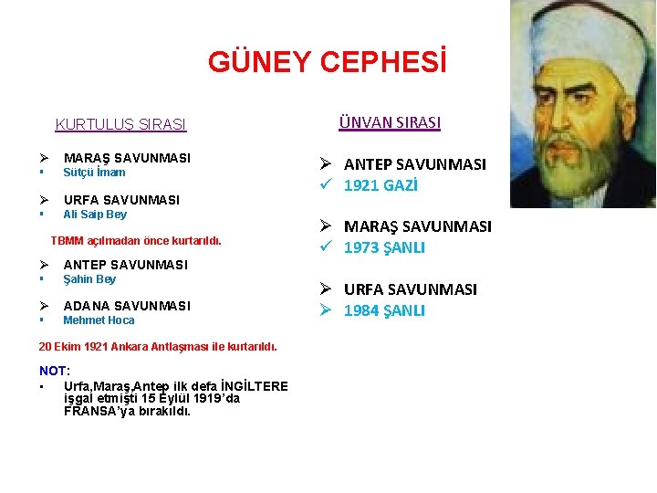 GÜNEY CEPHESİ KURTULUŞ SIRASI Ø MARAŞ SAVUNMASI § Sütçü İmam Ø URFA SAVUNMASI §