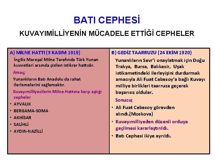 BATI CEPHESİ KUVAYIMİLLİYENİN MÜCADELE ETTİĞİ CEPHELER A) MİLNE HATTI (3 KASIM 1919) İngiliz Mareşal