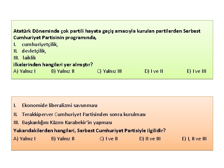 Atatürk Döneminde çok partili hayata geçiş amacıyla kurulan partilerden Serbest Cumhuriyet Partisinin programında, I.