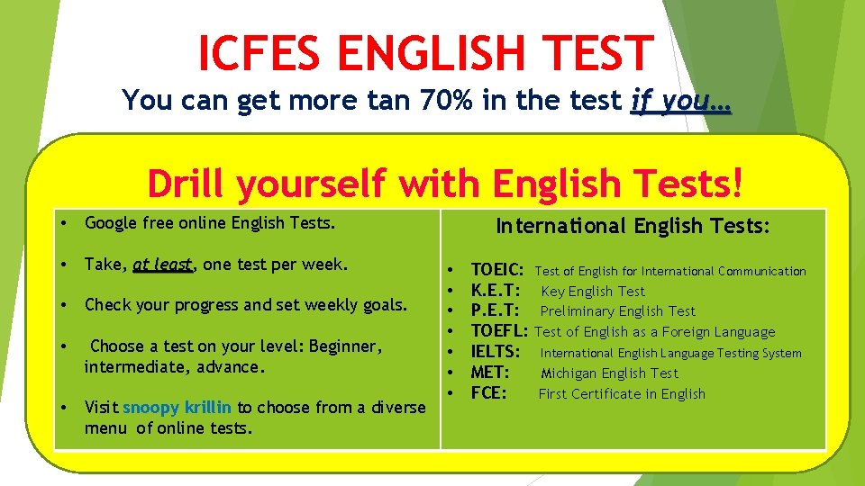ICFES ENGLISH TEST You can get more tan 70% in the test if you…
