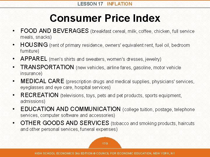 LESSON 17 INFLATION Consumer Price Index • FOOD AND BEVERAGES (breakfast cereal, milk, coffee, LESSON 17 INFLATION Consumer Price Index • FOOD AND BEVERAGES (breakfast cereal, milk, coffee,