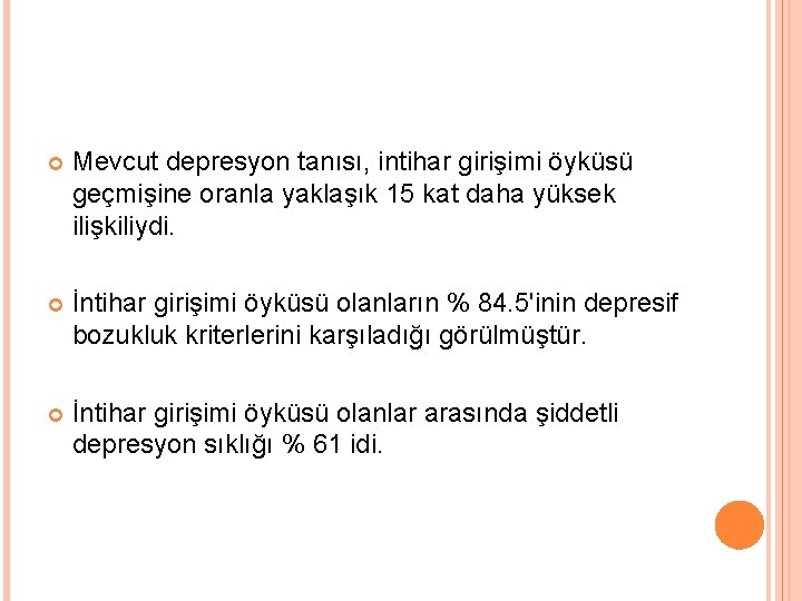  Mevcut depresyon tanısı, intihar girişimi öyküsü geçmişine oranla yaklaşık 15 kat daha yüksek