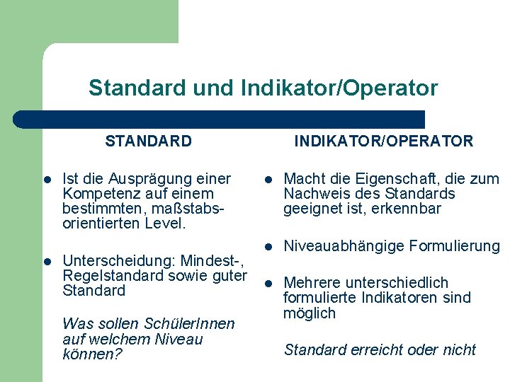 Standard und Indikator/Operator STANDARD l l Ist die Ausprägung einer Kompetenz auf einem bestimmten,