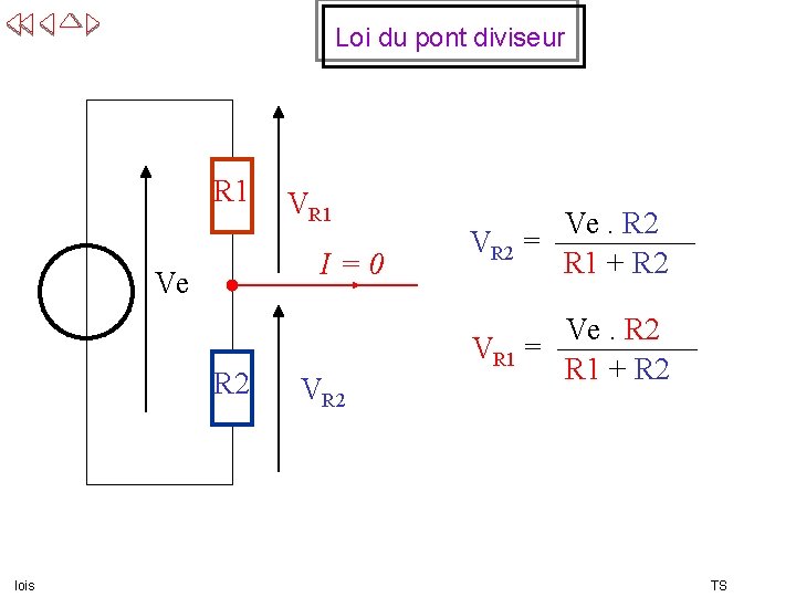 Loi du pont diviseur R 1 I=0 Ve R 2 lois VR 1 VR