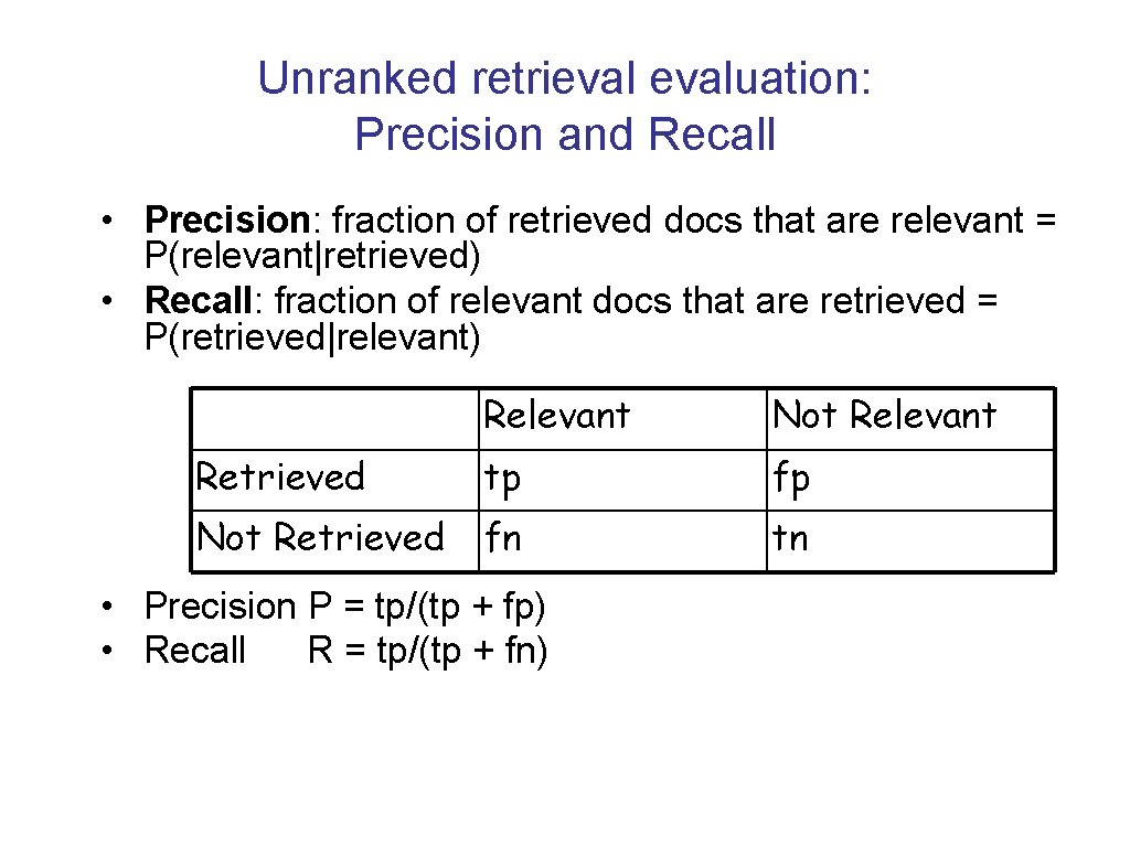 Unranked retrievaluation: Precision and Recall • Precision: fraction of retrieved docs that are relevant