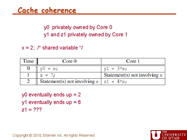 Cache coherence y 0 privately owned by Core 0 y 1 and z 1