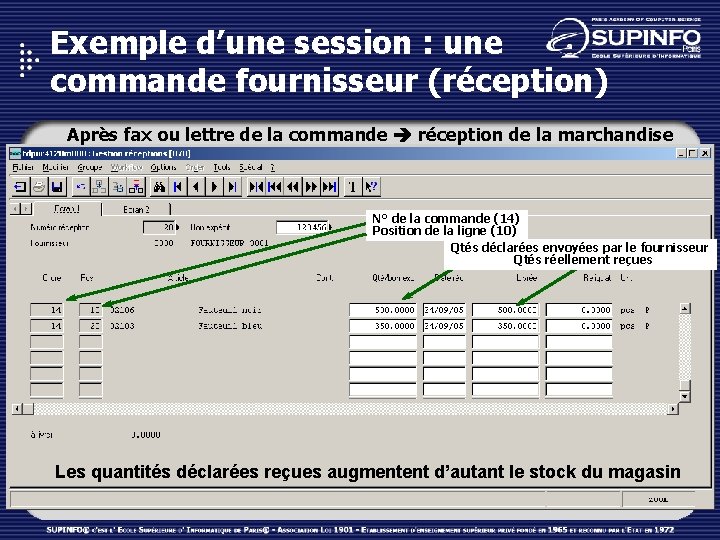 Exemple d’une session : une commande fournisseur (réception) Après fax ou lettre de la