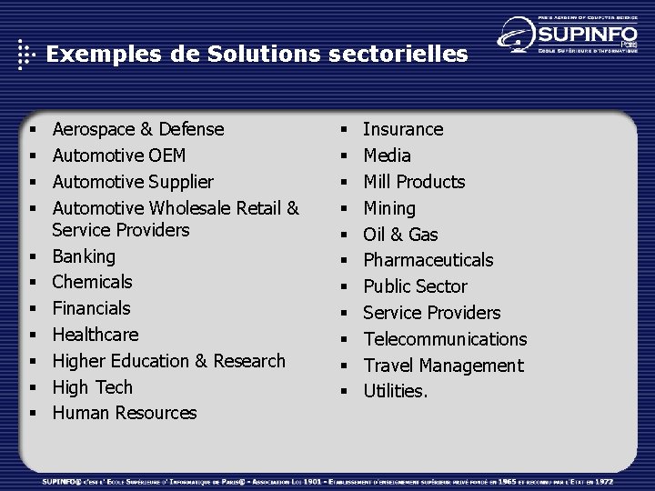 Exemples de Solutions sectorielles § § § Aerospace & Defense Automotive OEM Automotive Supplier