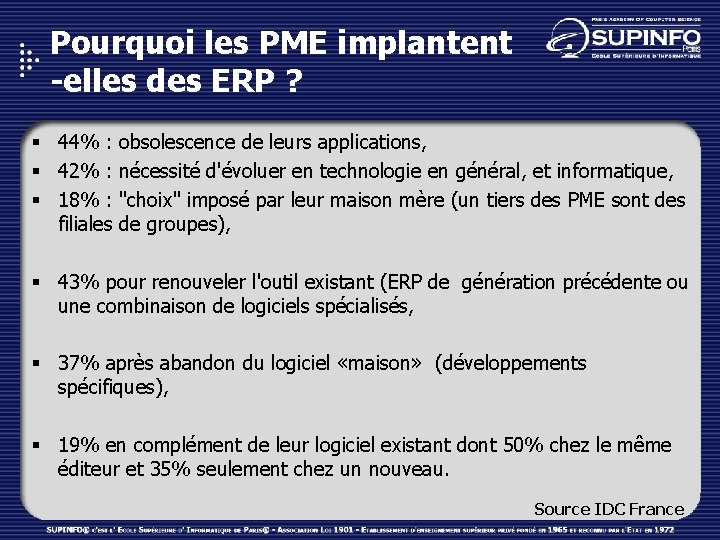 Pourquoi les PME implantent -elles des ERP ? § 44% : obsolescence de leurs