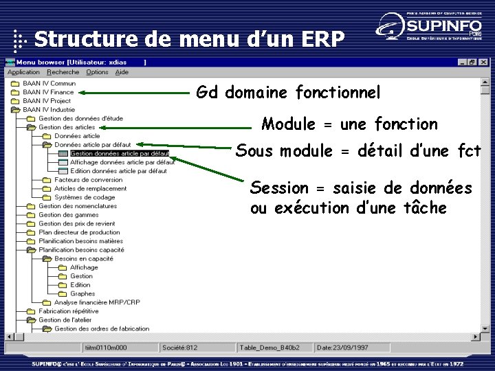 Structure de menu d’un ERP Gd domaine fonctionnel Module = une fonction Sous module