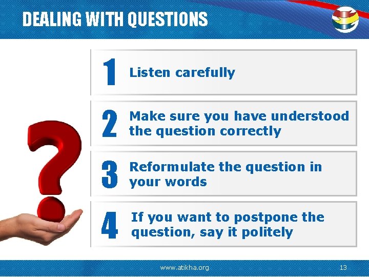 DEALING WITH QUESTIONS 1 Listen carefully 2 Make sure you have understood the question