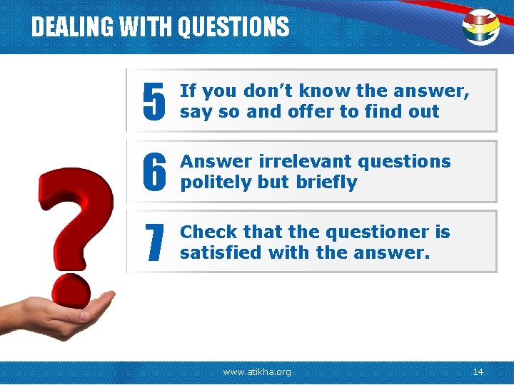 DEALING WITH QUESTIONS 5 If you don’t know the answer, say so and offer